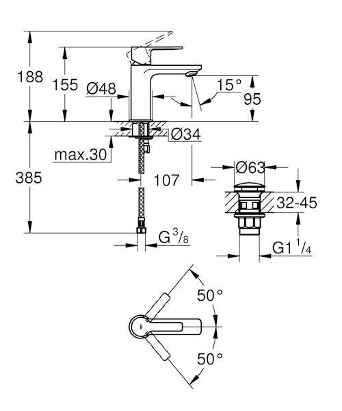 Lineare bateria umywalkowa stojąca 1-uchwytowa 1-otworowa z zestawem odpływowym mosiężna rozmiar XS, zasięg wylewki 107 mm wysokość 155 mm DN 15 chrom SilkMove, Long-Life Shine, EcoJoy, QuickFix Plus 