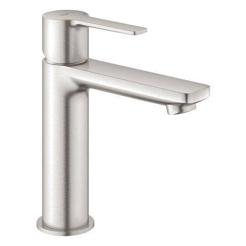 Grohe Lineare bateria umywalkowa stojąca 1-uchwytowa 1-otworowa z zestawem odpływowym mosiężna rozmiar S, zasięg wylewki: 128 mm wysokość 180 mm DN 15 stal nierdzewna SilkMove, Long-Life Shine, EcoJoy, QuickFix Plus