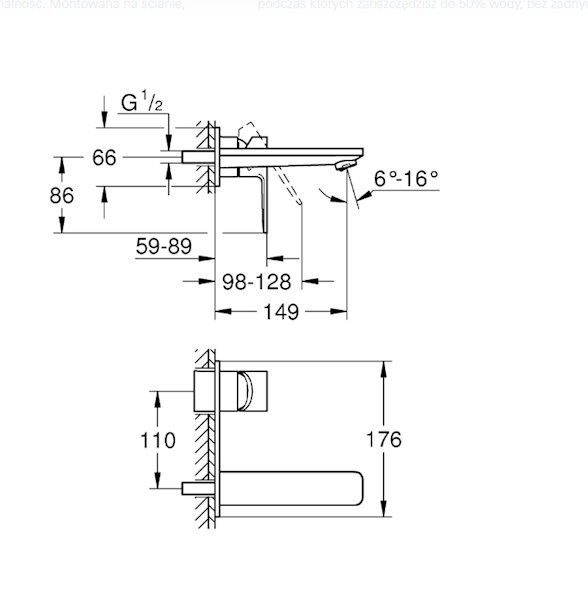 Grohe Lineare element natynkowy do montażu gotowego z 23571000 1-uchwytowa 2-otworowa do baterii umywalkowej podtynkowej rozmiar M, 176 x 66 mm, zasięg wylewki 149 mm chrom