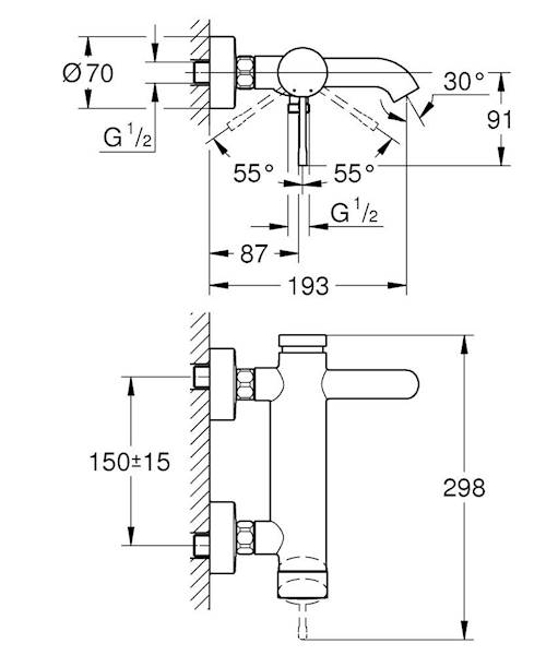Grohe Essence bateria wannowa ścienna 1-uchwytowa 2-otworowa zasięg wylewki: 193 mm phantom black SilkMove głowica ceramiczna 35 mm z ogranicznikiem temperatury, przełącznik wanna/prysznic, Long-Life Shine