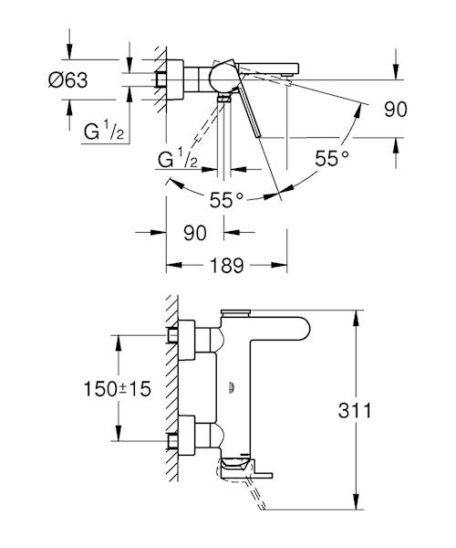 Grohe Plus bateria wannowa ścienna 1-uchwytowa 2-otworowa mosiężna zasięg wylewki: 189 mm chrom 