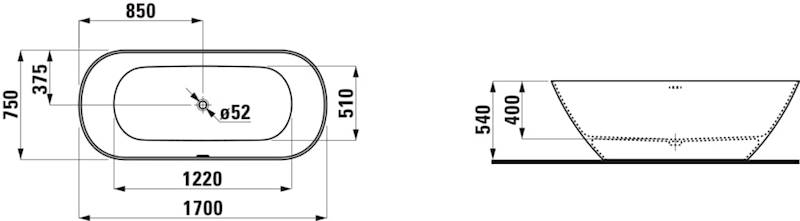 Laufen Wanna wolnostojąca LUA, 1700 x 750 x 540 mm wykonana z materiału kompozytowego MARBOND, zintegrowany przelew, korek klik-klak chrom w komplecie