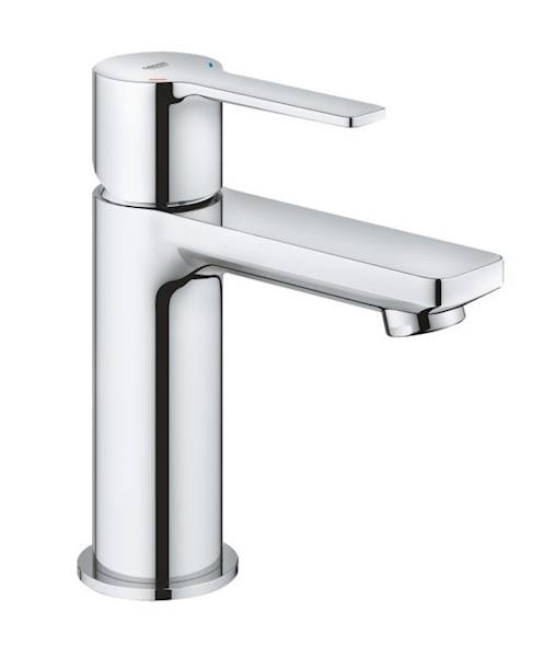 Lineare bateria umywalkowa stojąca 1-uchwytowa 1-otworowa z zestawem odpływowym mosiężna , zasięg wylewki 107 mm wysokość 155 mm DN 15 chrom SilkMove, Long-Life Shine, EcoJoy, QuickFix Plus 