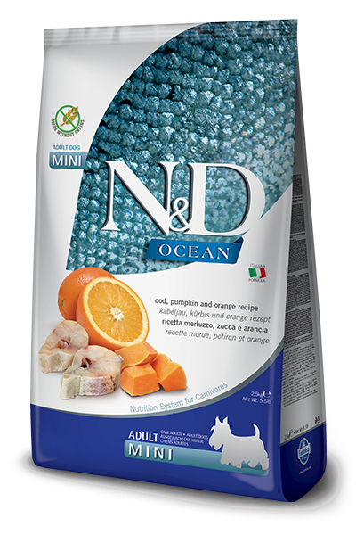 N&D Ocean Dog dorsz,dynia,pomarań Adult mini 2,5kg