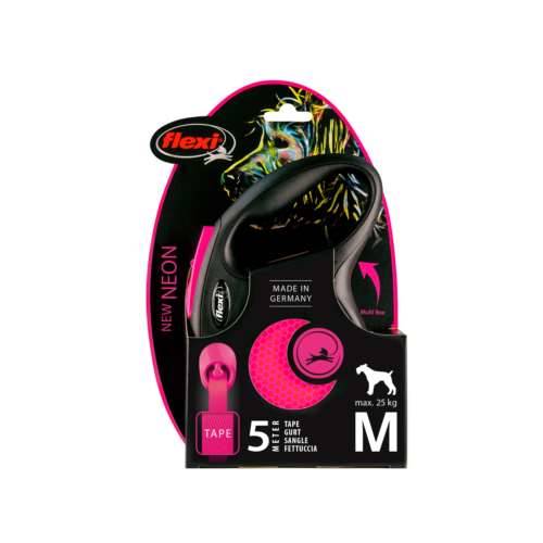 Smycz aut. Flexi Neon taśma M-5m do 25kg różowa
