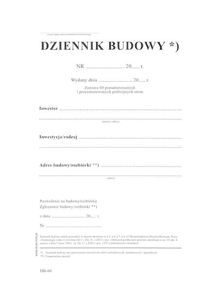 Dziennik budowy DB-60 60str./120k. offsetowy
