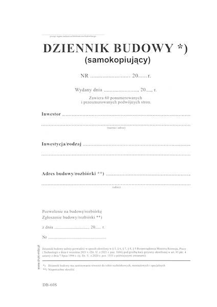 Dziennik budowy 60str./120k. samokopia DB-60S