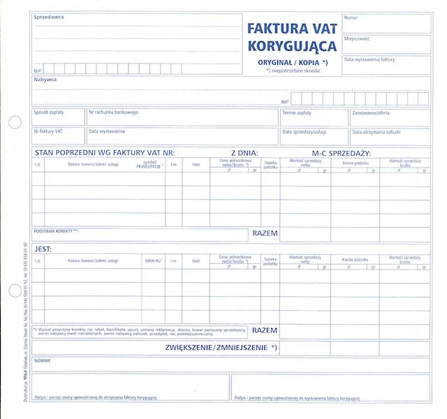 Faktura VAT korygująca  2/3A4  80k./