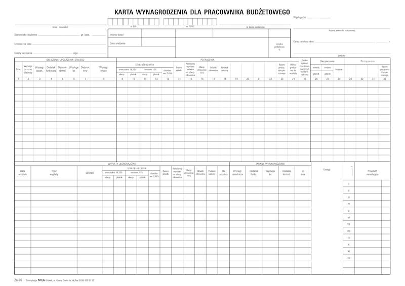 Karta wynagrodz. dla prac. budż A3 /100szt./