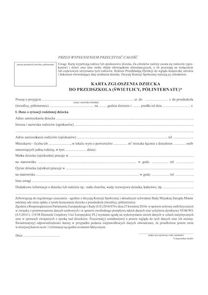 Karta zgłoszenia dziecka do przedszkola, świetlicy