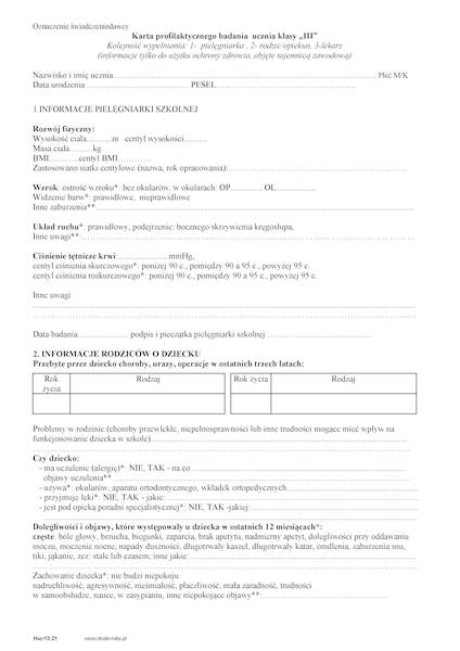 Karta profilaktycznego bad. uczna klasy 3 HSZ13.21