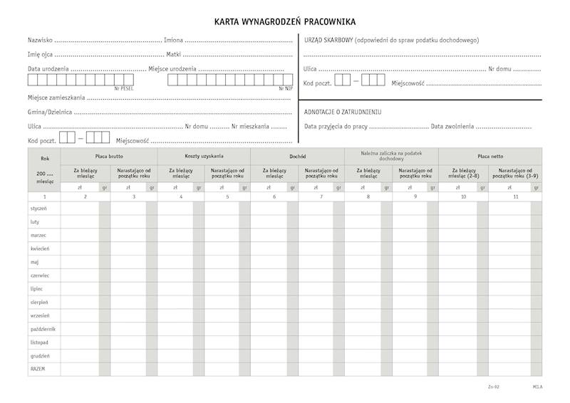 Kartoteka zarobkowa Zo-92 /100szt./