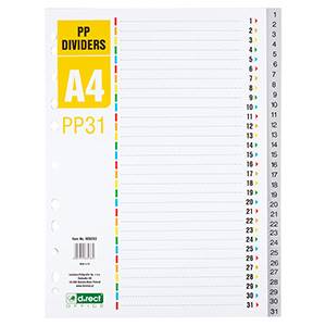 Przekładki A4 D.RECT /1-31/ kolor PP