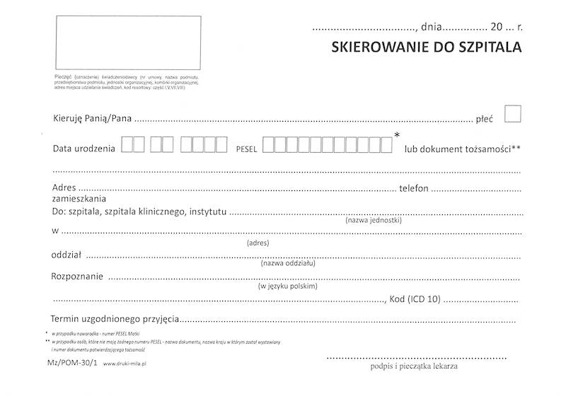 Skierowanie do szpitala A5/100k./MZ/POM-30/1