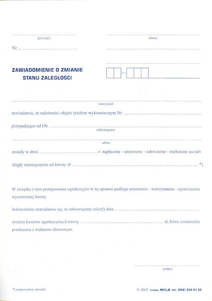 Zawiadomienie o zmianie stanu zaległości A5 K-364s