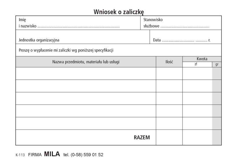 Wniosek o zaliczkę K-113 80k.