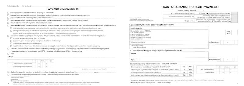 Karta badania profilaktycznego 2x1/2A3  MZ/LP-1