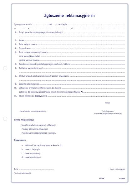 Zgłoszenie reklamacyjne A4s/80k./