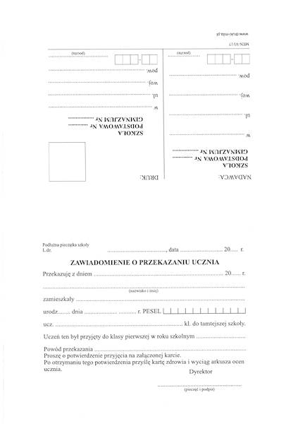 Zawiadomienienie o przekazaniu ucznia VI/17