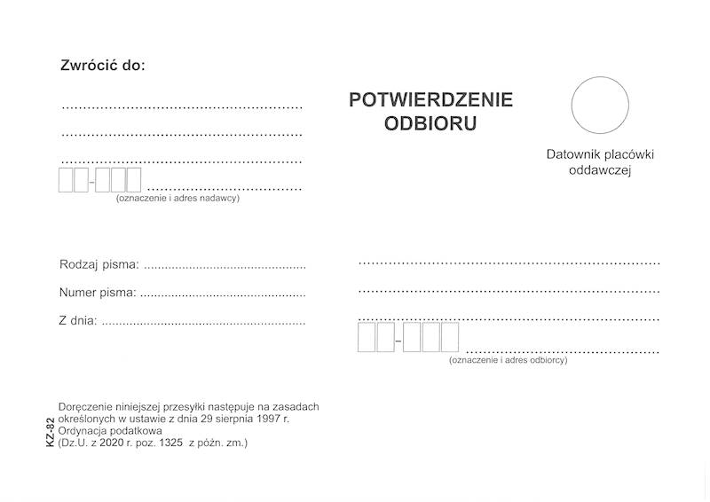 Koperta z potwierdzeniem odbioru sk.Ord.Pod KZ-82s