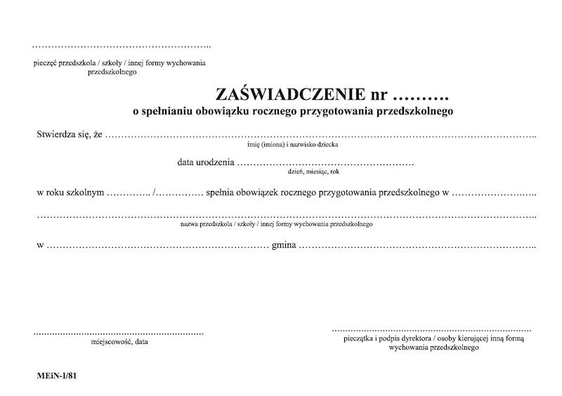Zaświadczenie o spełnianiu przygot. przedszkolnego