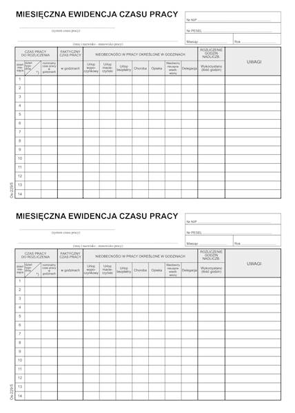 Miesięczna ewidencja czasu pracy A5 Os-229/5