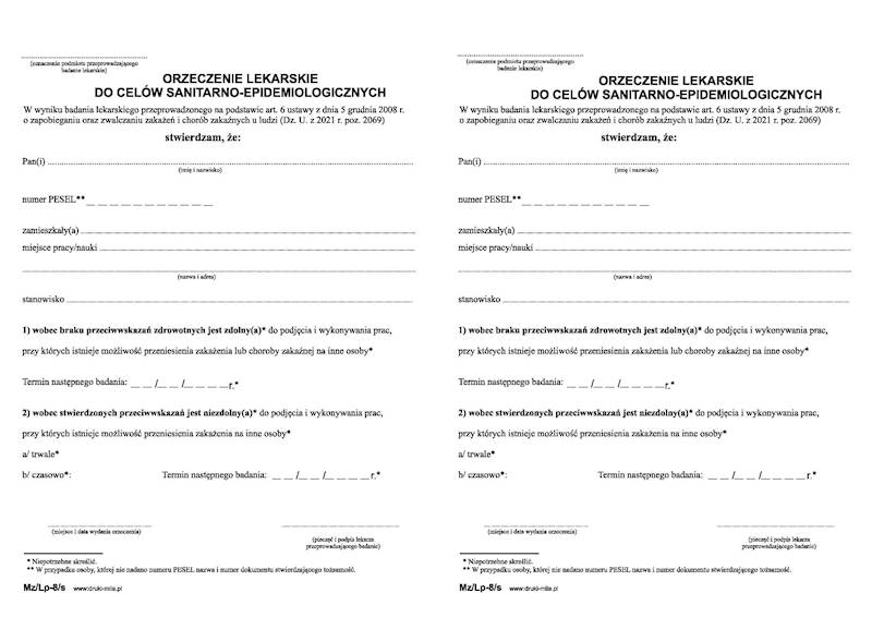 Orzeczenie lek.do celów sanit.-epidem MZ/LP-8s