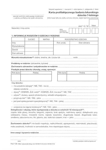 Karta profilaktycznego badania  dziecka 7 letniego