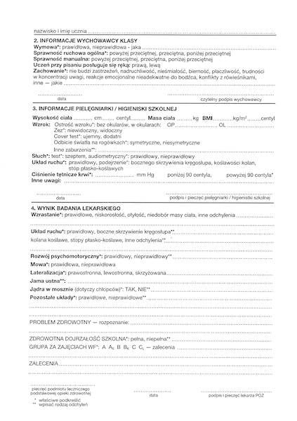 Karta profilaktycznego badania  dziecka 7 letniego