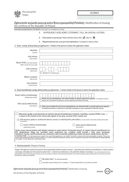 Zgłoszenie wyjazdu poza granice RP A4 100k. ELZW/3