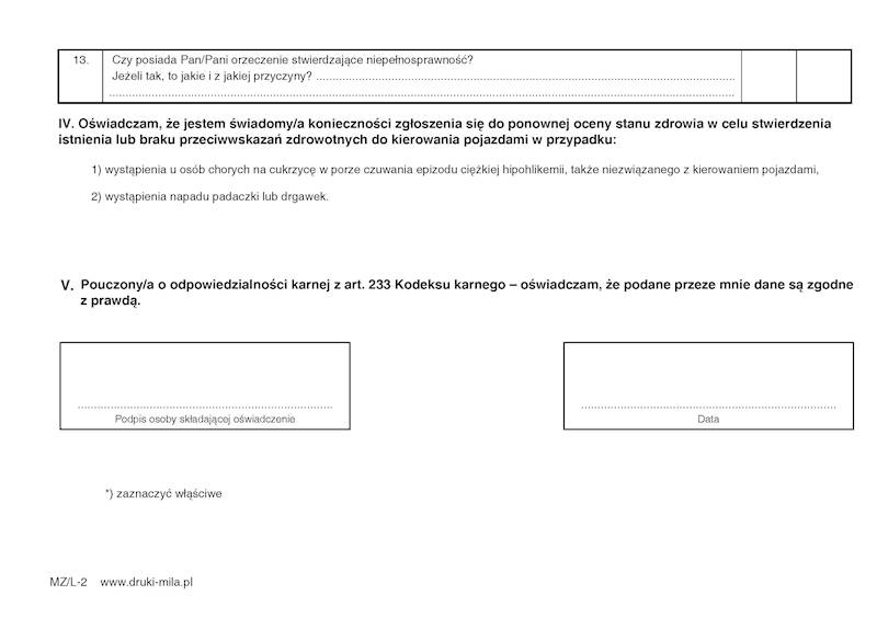 Oświadczenie dotyczące stanu zdrowia kierowcy Mzl2