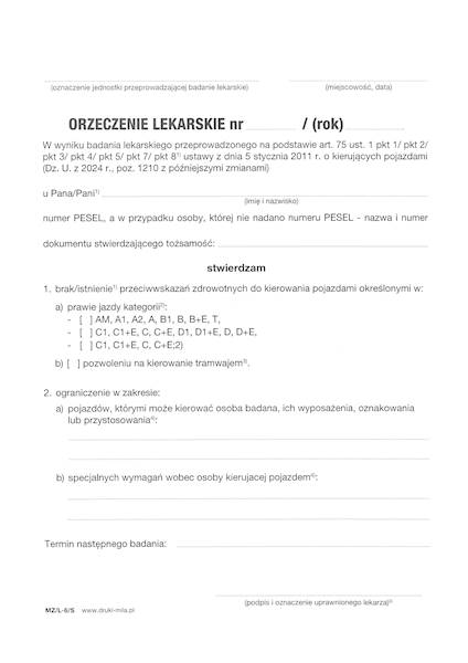 Orzeczenie lekarskie Art. 75 dla kierowców Mz/L-6