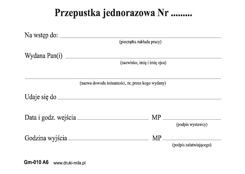 Przepustka jednorazowa A6/100samokopia Gm-010/100s