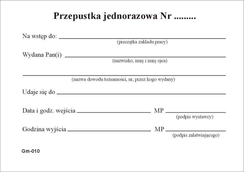Przepustka jednorazowa A6/100samokopia Gm-010/100s