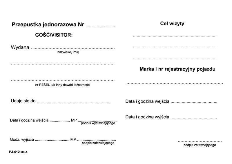 Przepustka jednorazow PJ-612 100k. samokopia