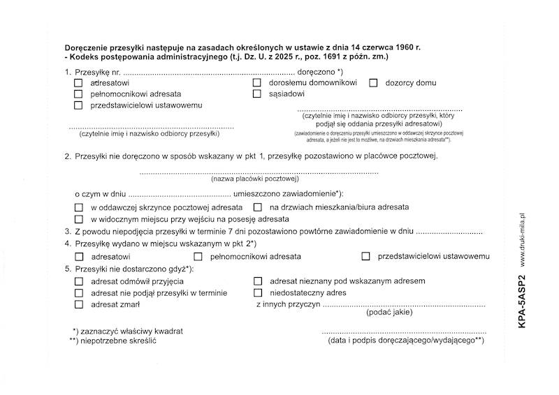 Zwrotne potwierdzenie odb. post. adm. KPA-5ASP2