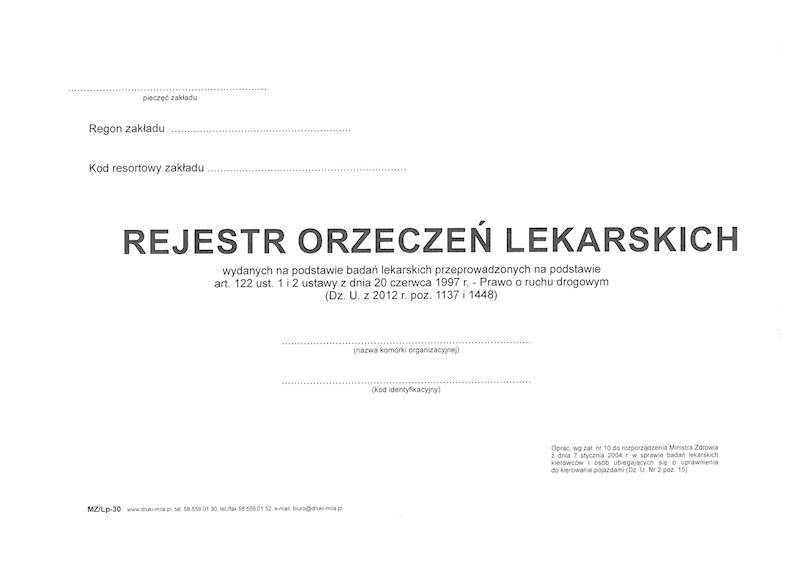 Rejestr orzeczeń lekarskich dla kierowców MZ/LP-30