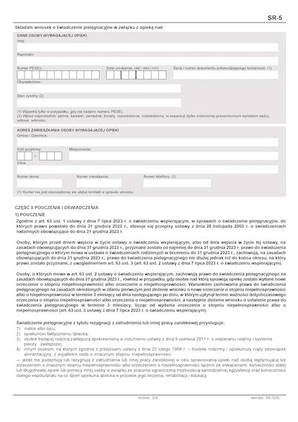 WNIOSEK SR-5 świadczenie pielęgnacyjne