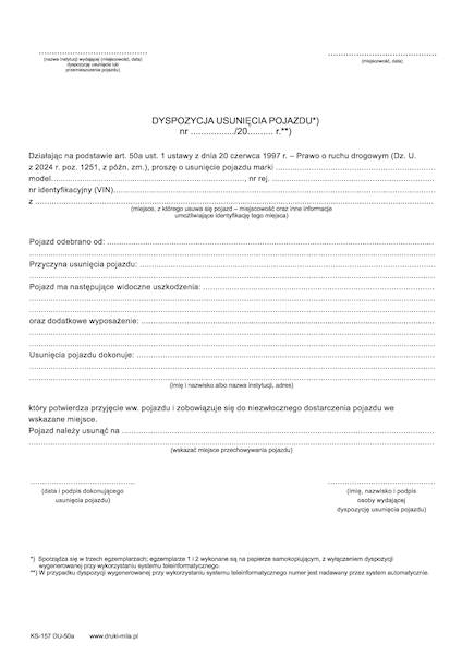 Dyspozycja usunięcia pojazdu art. 50a KS-157 DU-50