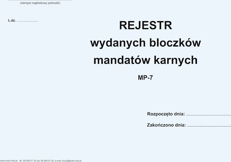 MP-7 Rejestr wydanych bloczków mandatów karnych 