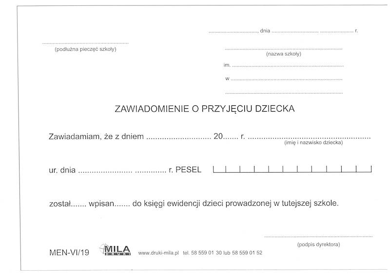 Zawiadomienie o przyjęciu dziecka VI/19