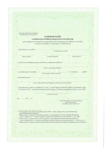 Zaświadczenie o ukończeniu kursu kwalifikowanego