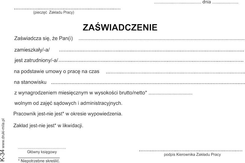 Zaświadczenie o wynagrodzeniu K-34 A6 80k.