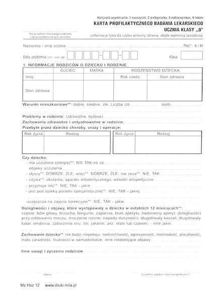 Karta prof. badania ucznia klasy 0 HSZ-12