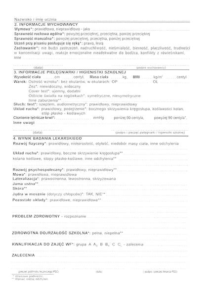 Karta prof. badania ucznia klasy 0 HSZ-12