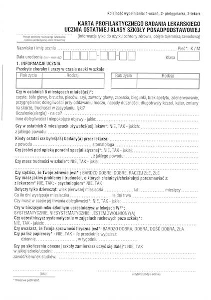 Karta profilaktycznego badania ucznia ost. kl. pon