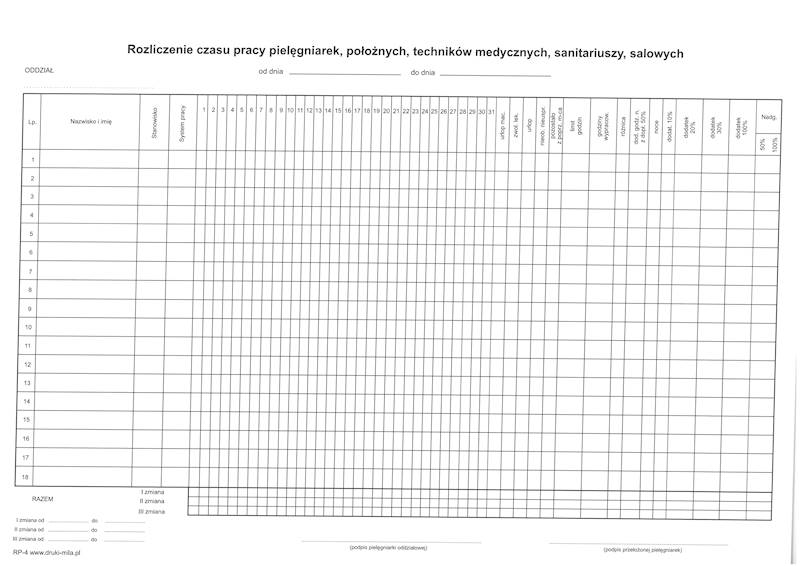 Rozliczenie czasu pracy pielęgniarek A3 100k. 1/0
