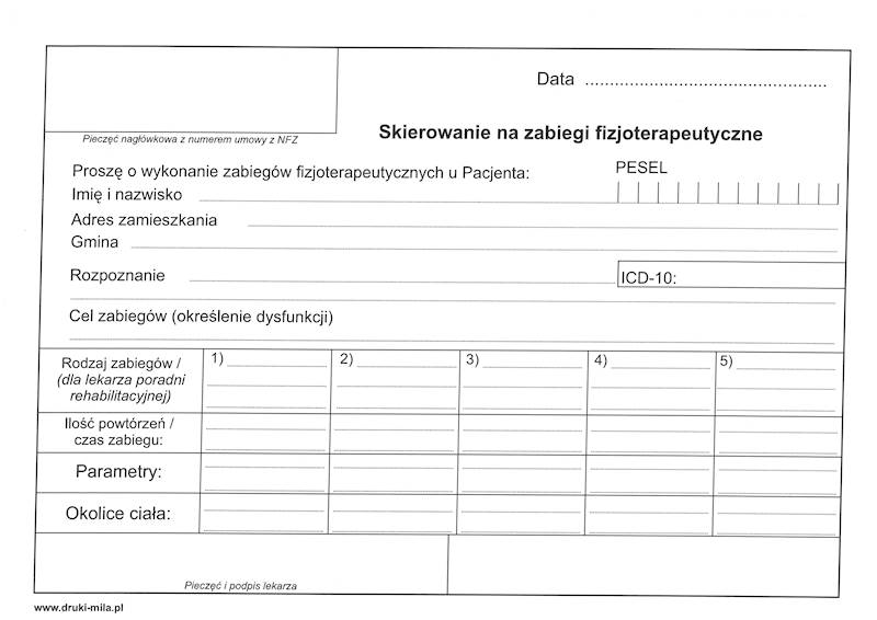 Skierowanie na zabiegi fizjoterapeutyczne A5 100k.