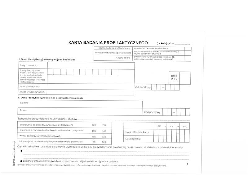 Karta badania profilaktycznego KBP-K 