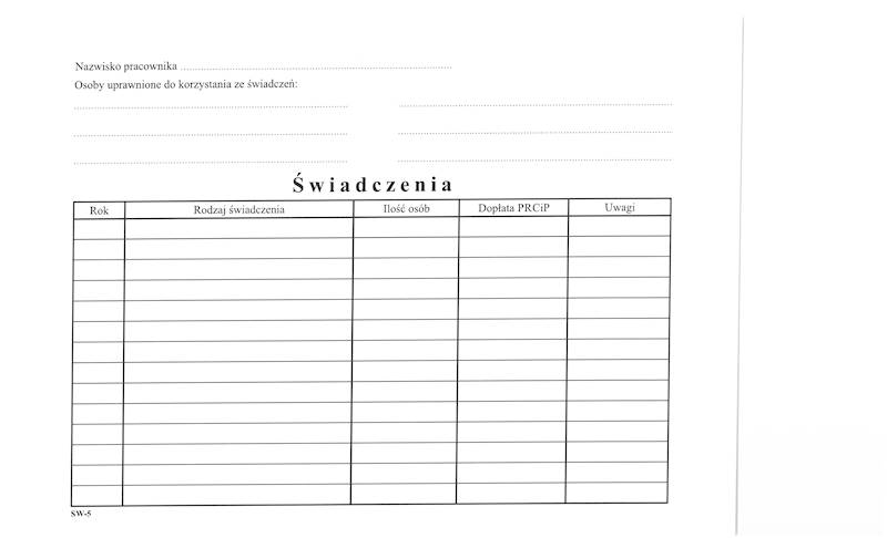 Świadczenia kartoteka A5 SW-5